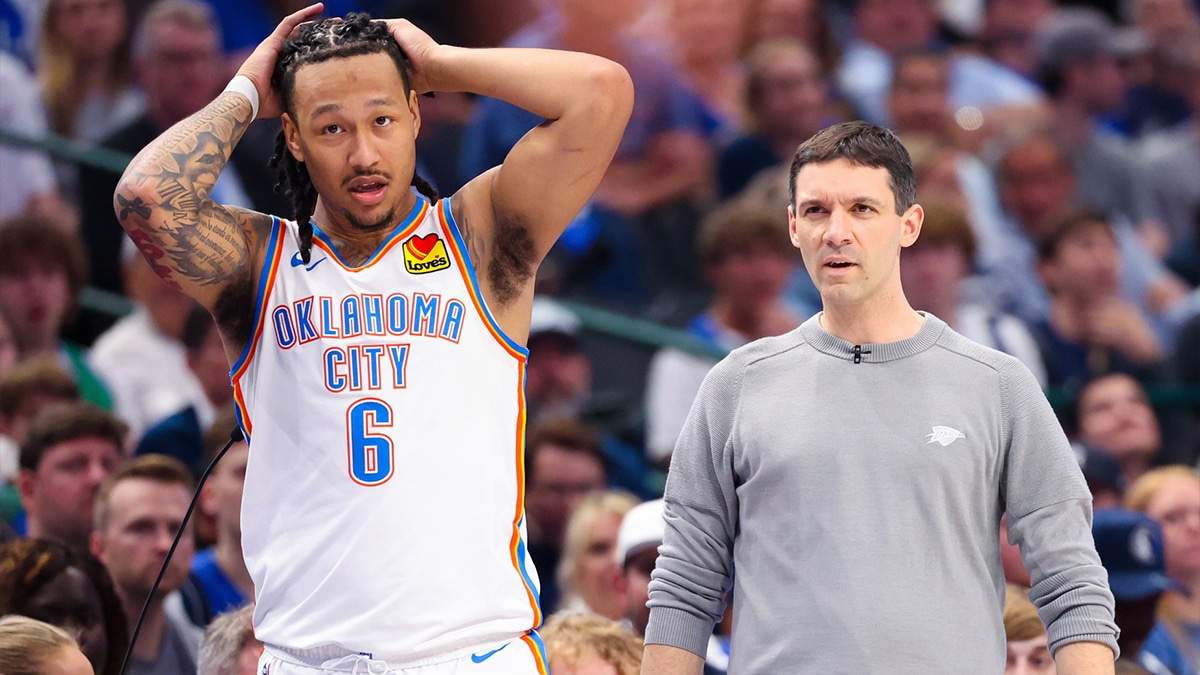 Oklahoma City Thunder forward Jaylin Williams (6) and Oklahoma City Thunder head coach Mark Daigneault react during the game against the Dallas Mavericks during game three of the second round for the 2024 NBA playoffs at American Airlines Center.