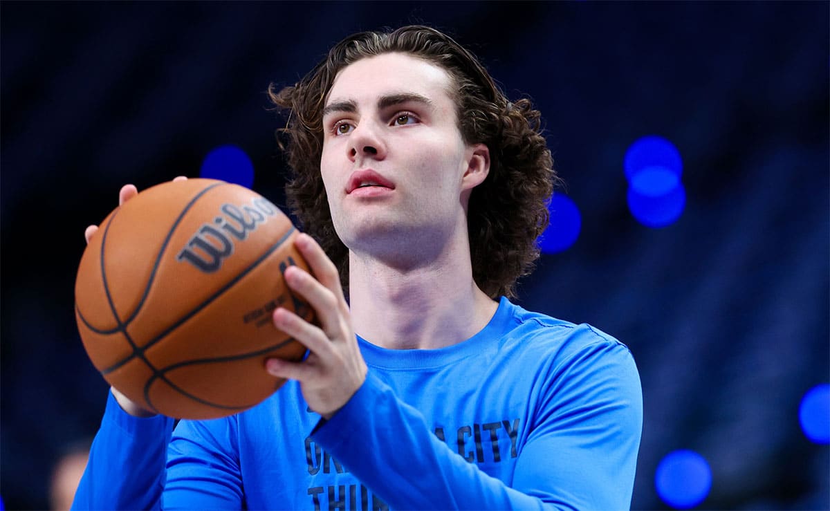 Oklahoma City Thunder guard Josh Giddey (3) warms up before game three of the second round for the 2024 NBA playoffs against the Dallas Mavericks at American Airlines Center