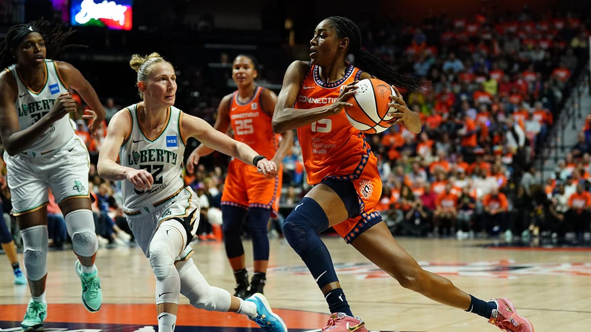 Connecticut Sun guard Tiffany Hayes (15) drives the ball against New York Liberty guard Courtney Vandersloot (22) in the second half during game three of the 2023 WNBA Playoffs.