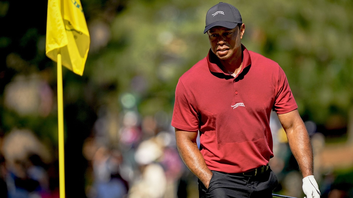 Tiger Woods walks the No. 7 green during the final round of the 2024 Masters Tournament.