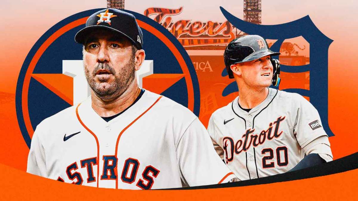 Justin Verlander and Spencer Torkelson with Comerica Park in background