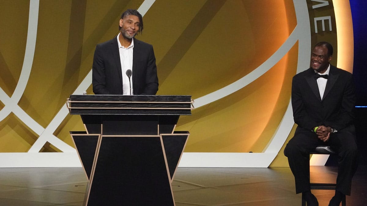 Class of 2020 inductee Tim Duncan with David Robinson (right) speaks during the Naismith Memorial Basketball Hall of Fame Enshrinement ceremony at Mohegan Sun Arena. 