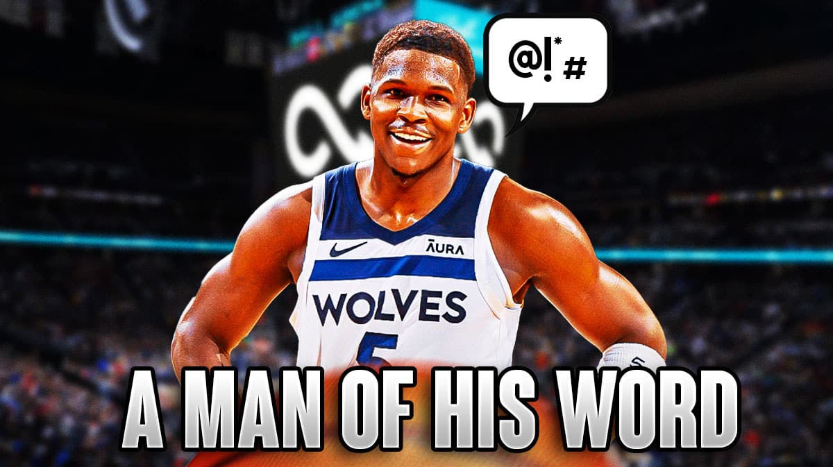 Timberwolves' Anthony Edwards smiling, with a speech bubble containing "@!*#", Ball Arena background. caption below: A MAN OF HIS WORD