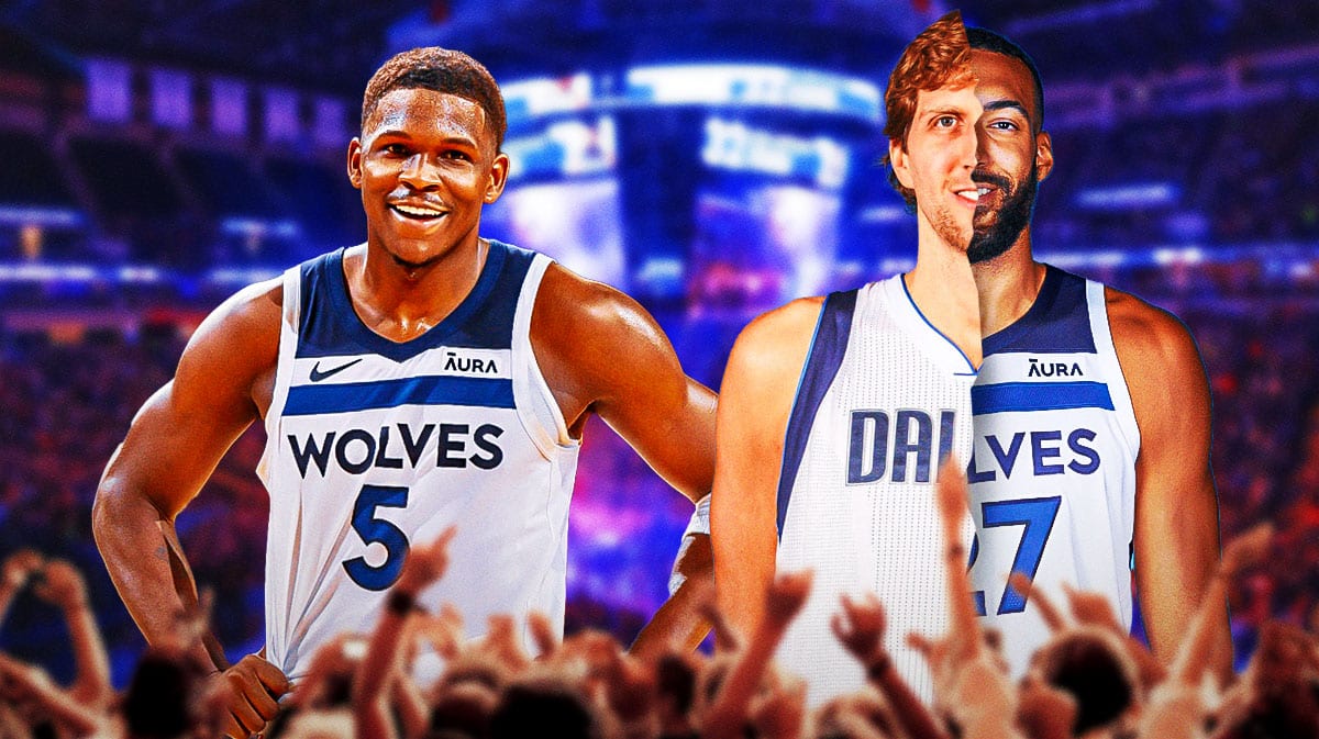 Timberwolves' Anthony Edwards smiling while looking at a half-Rudy Gobert/Dirk Nowitzki (use 2011 version of Dirk) body