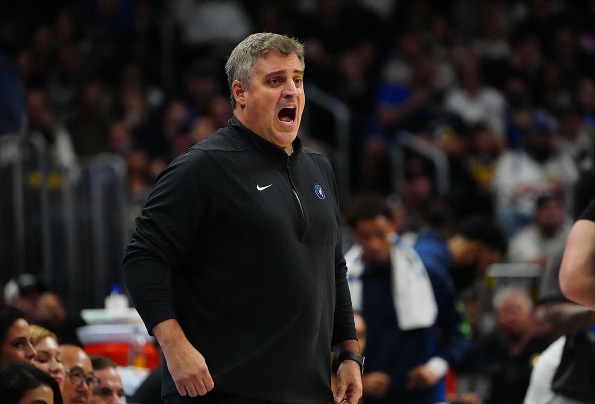 Minnesota Timberwolves assistant coach Micah Nori reacts in the second half against the Denver Nuggets during game one of the second round for the 2024 NBA playoffs at Ball Arena. 