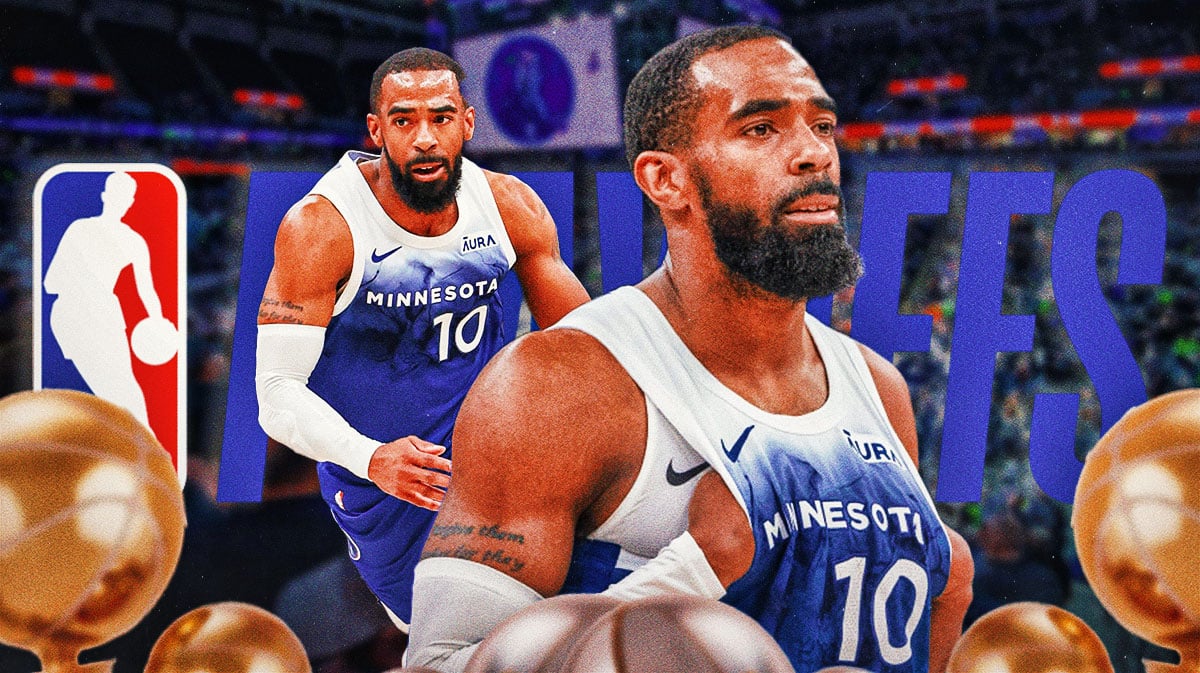 Timberwolves' Mike Conley in front of the NBA playoffs logo