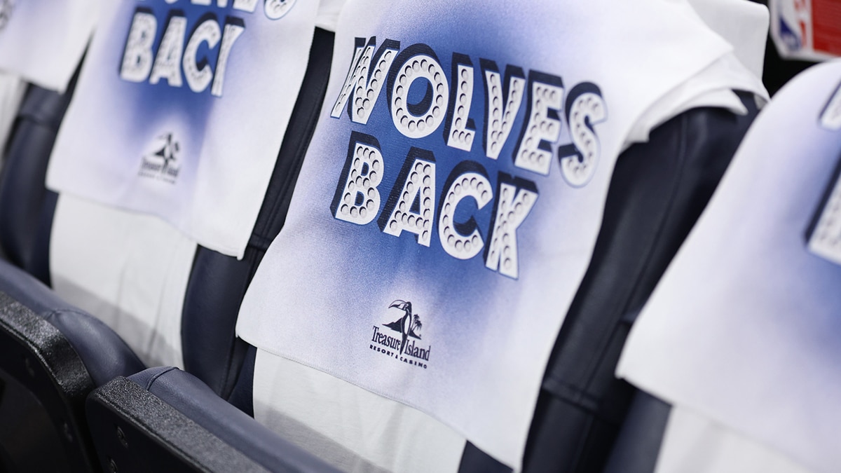 Towels on the back of seats before game five of the western conference finals for the 2024 NBA playoffs between the Dallas Mavericks and Minnesota Timberwolves at Target Center
