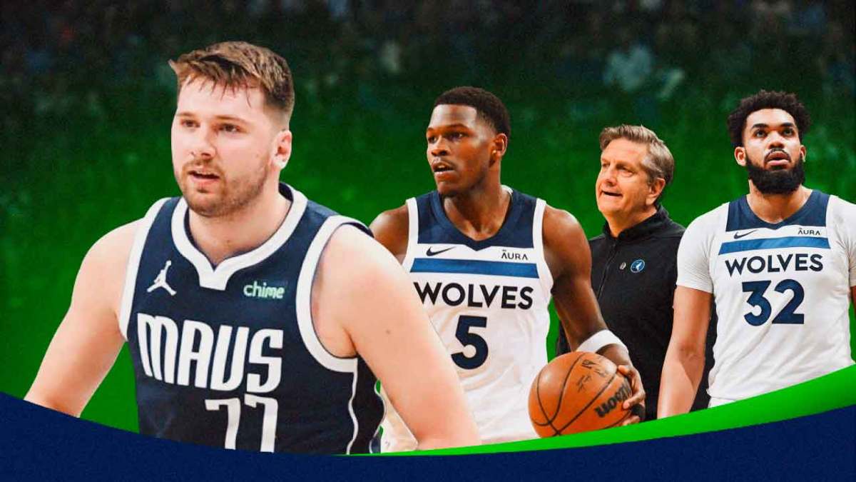 Mavs Luka Doncic next to Timberwolves Anthony Edwards, Chris Finch and Karl Anthony-Towns
