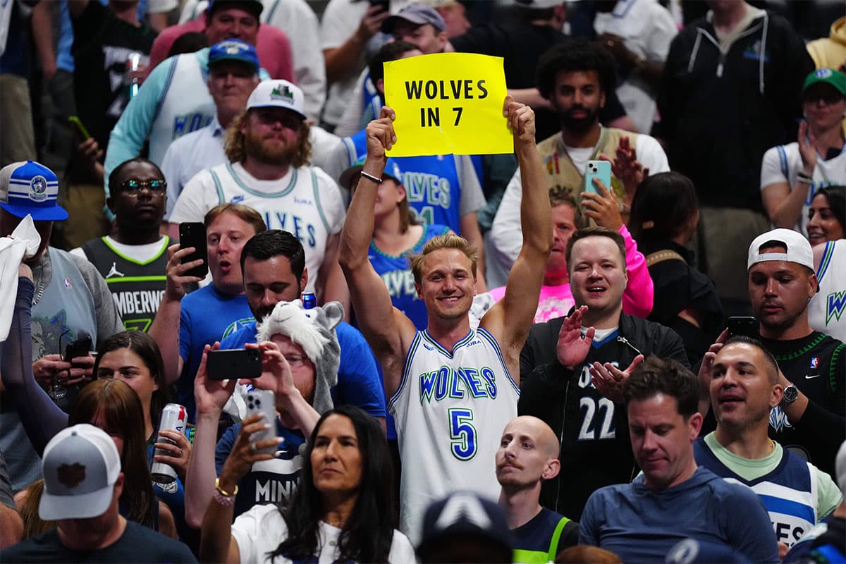 Minnesota Timberwolves fans celebrate defeating the Denver Nuggets in game seven of the second round for the 2024 NBA playoffs at Ball Arena.