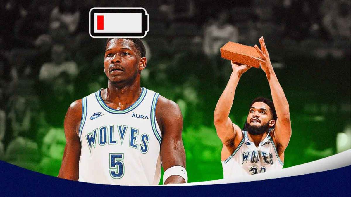 Timberwolves' Anthony Edwards with the low battery symbol beside him, with Karl-Anthony Towns shooting a brick on the side