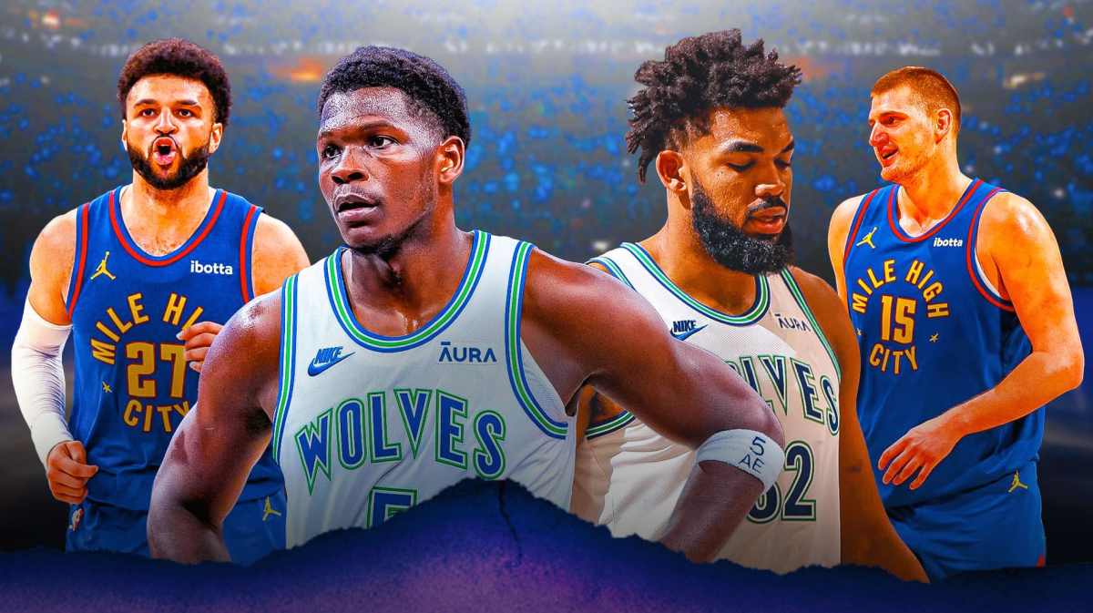 Timberwolves' Anthony Edwards and Karl-Anthony Towns sad, with Nuggets' Nikola Jokic and Jamal Murray smiling