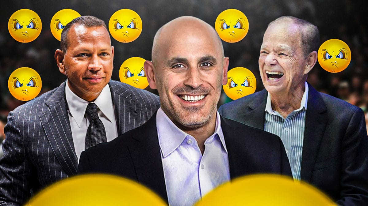 Glen Taylor on one side, Alex Rodriguez and Marc Lore on the other side with angry emojis around them