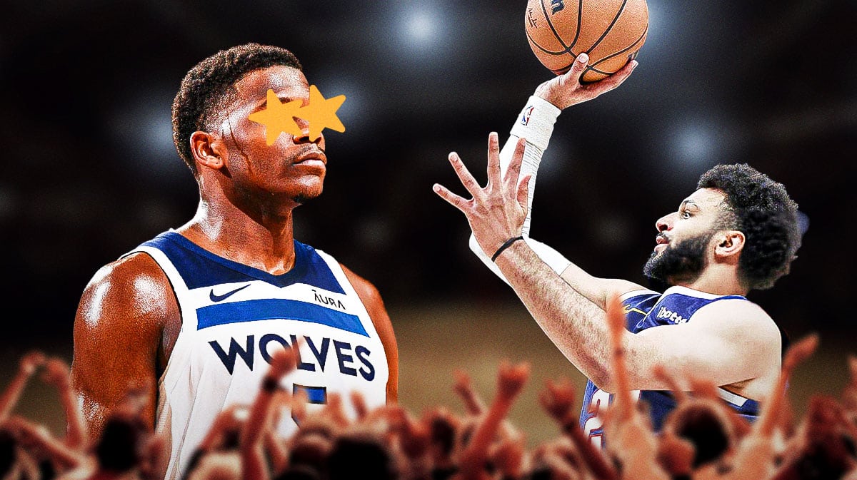 Anthony Edwards with stars in his eyes looking at Jamal Murray shooting a basketball.