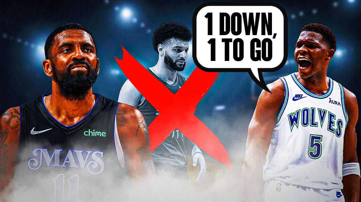 Timberwolves' Anthony Edwards saying "1 down, 1 to go" next to Jamal Murray and Kyrie Irving