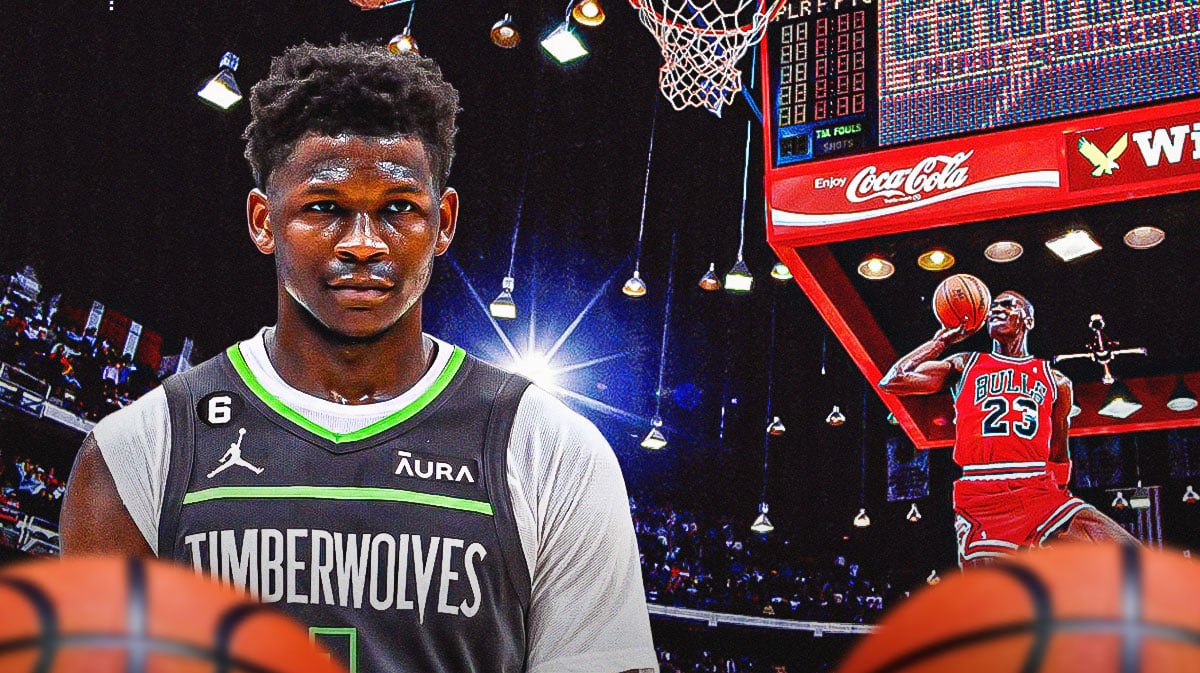 Timberwolves' Anthony Edwards looking serious in front on left. Bulls' Michael Jordan dunking a basketball on right.