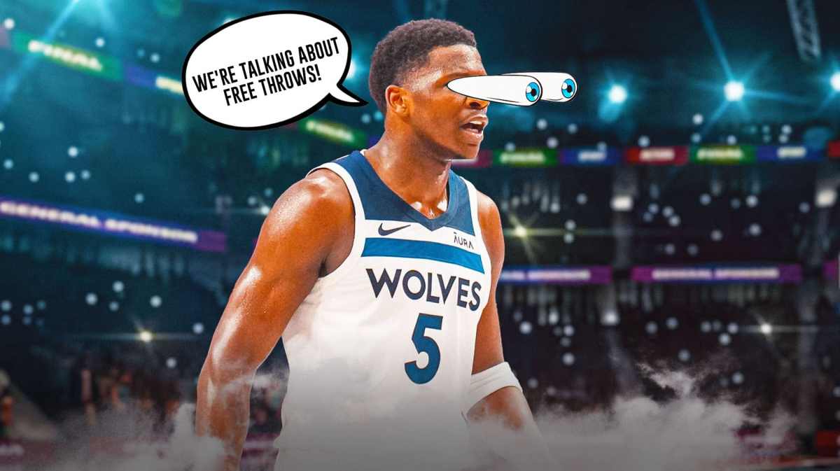 Anthony Edwards with his eyes popping out. Speech balloon that says: We're talking about free throws!