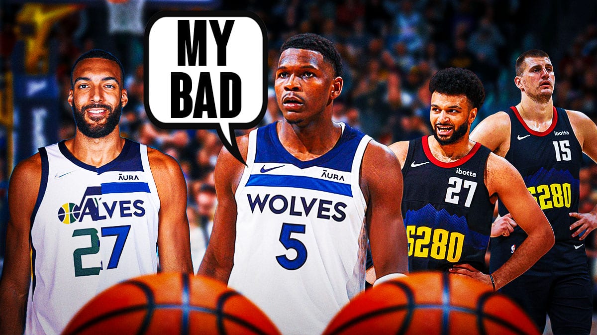 Rudy Gobert off to the side half in his Utah Jazz jersey and half in his Minnesota Timberwolves jersey. In the center can we have Anthony Edwards saying, “my bad”. Off to the right have Jamal Murray and Nikola Jokic.