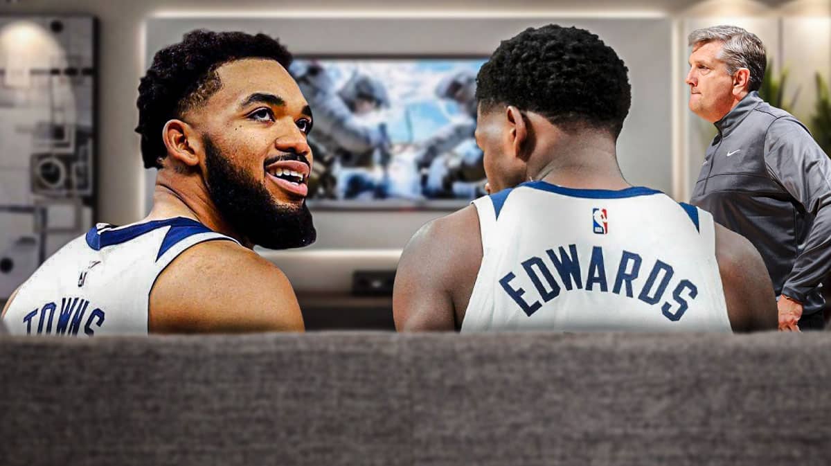Timberwolves players watching TV with Chris Finch.
