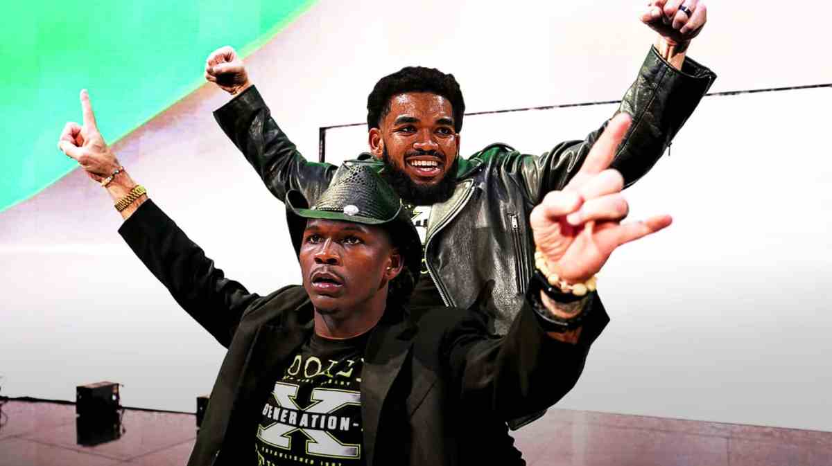 Anthony Edwards (Timberwolves) as Shawn Michaels (guy n front) and Karl-Anthony Towns as Triple H (guy behind)