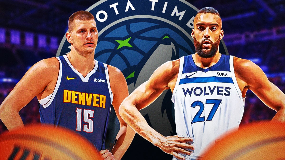 Timberwolves' Rudy Gobert stands next to Nuggets' Nikola Jokic