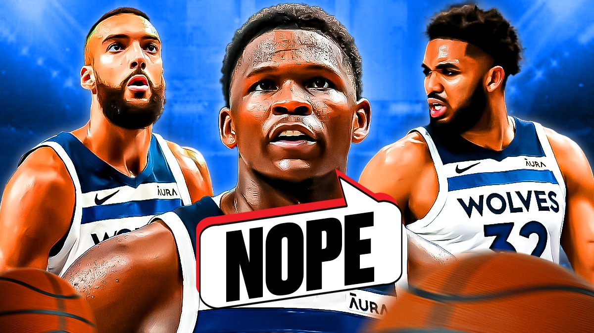 Photo: Anthony Edwards saying "Nope" with Rudy Gobert and Karl-Anthony Towns behind him, all three in Timberwolves jerseys