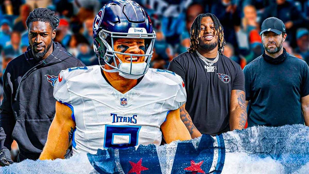 Titans players Will Levis, Calvin Ridley, JC Latham and new head coach Brian Callahan