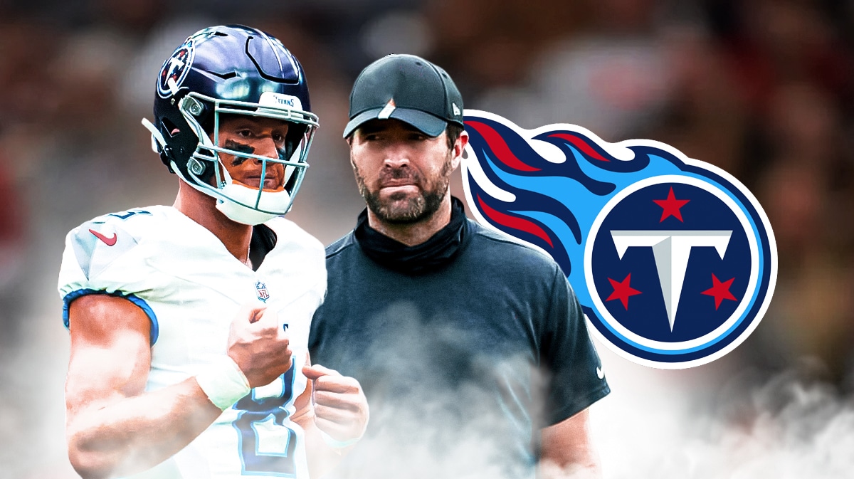 Tennessee Titans head coach Brian Callahan with QB Will Levis. There is also a logo for the Tennessee Titans.