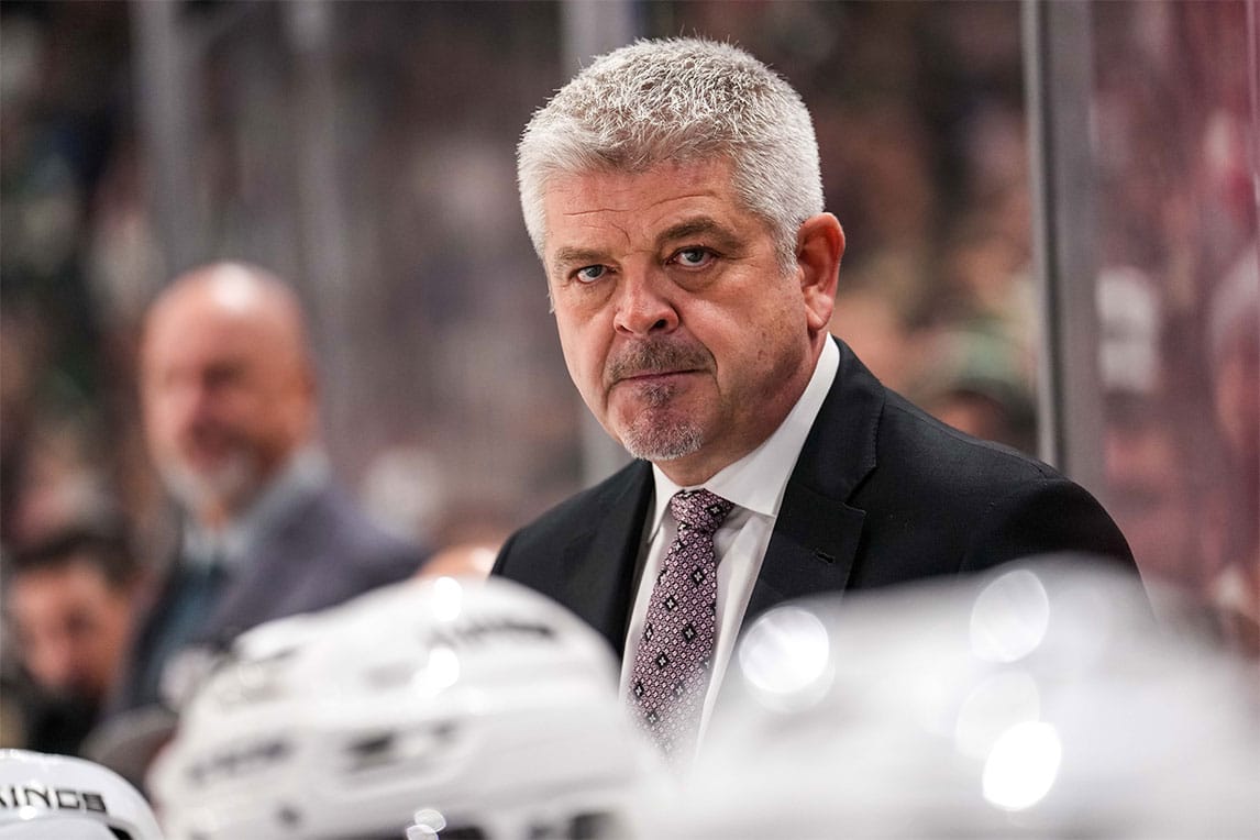 Los Angeles Kings head coach Todd McLellan looks on during the third period against the Minnesota Wild at Xcel Energy Center.