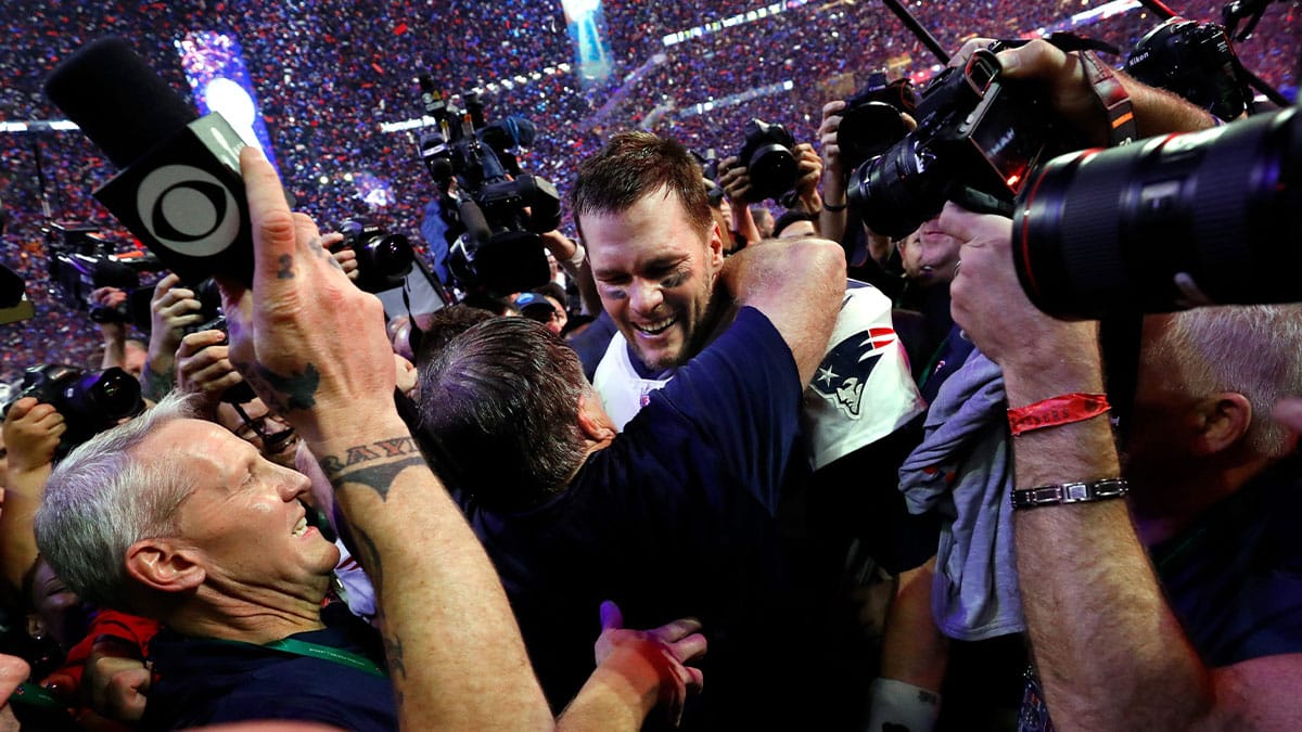 2019: Tom Brady celebrates with coach Bill Belichick after winning 13-3 over the Los Angeles Rams in Super Bowl LIII at the Mercedes-Benz Stadium in Atlanta.