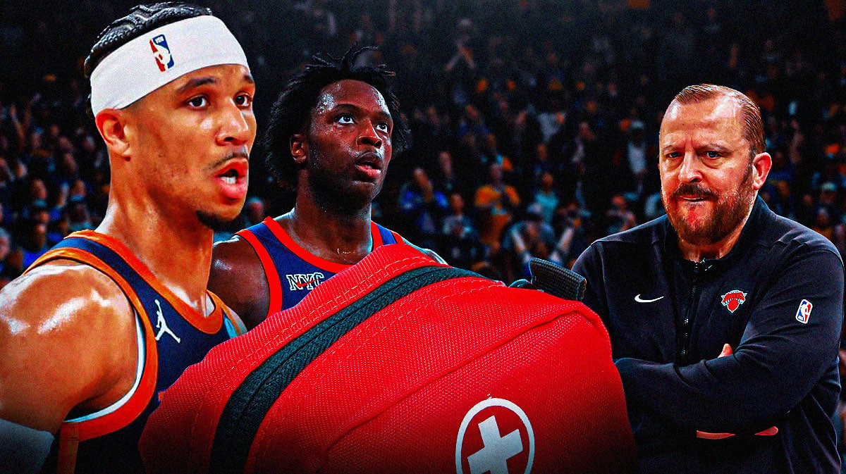 Josh Hart and OG Anunoby on one side with an injury kit in front of them, Tom Thibodeau on the other side