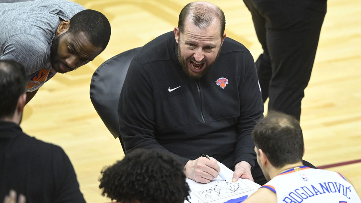 New York Knicks head coach Tom Thibodeau talks during a tempt in the third quarter against the Cleveland Cavaliers at Rocket Mortgage FieldHouse.