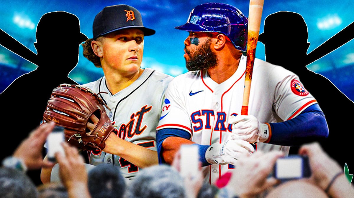 Tigers Reese Olson and Astros Jon Singleton next to two mystery players