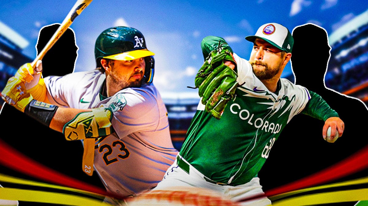 Rockies Jalen Beeks throwing a pitch to Athletics Shea Langeliers with two silhouettes in the background