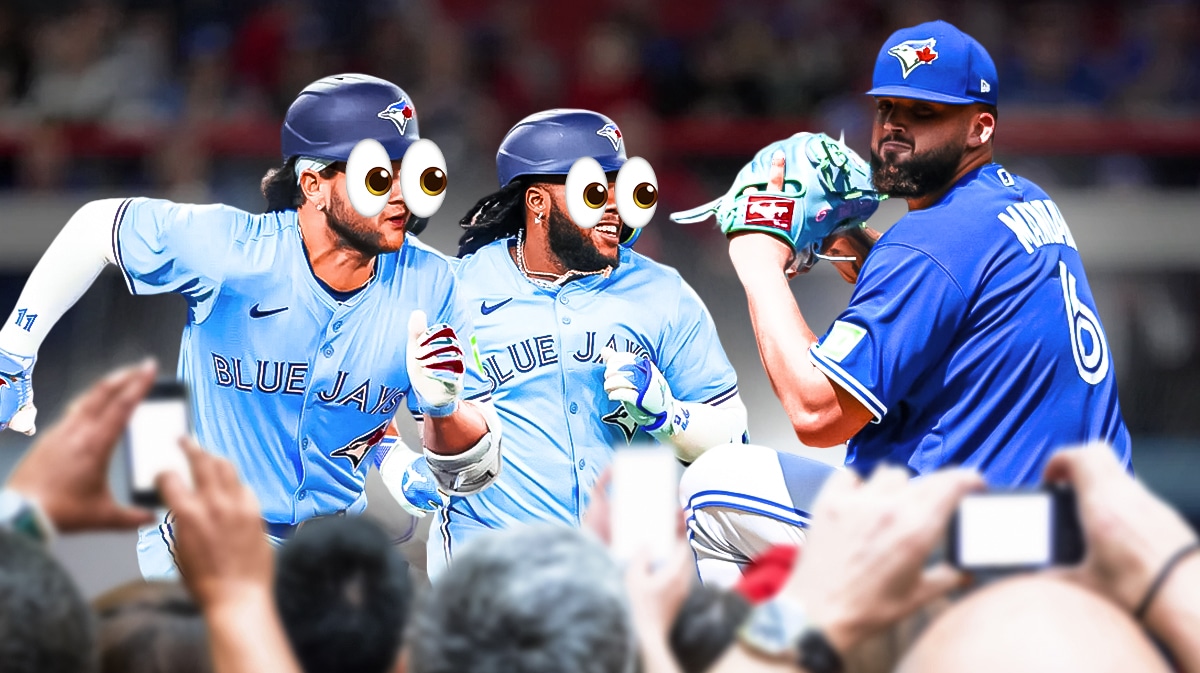 Blue Jays' Alek Manoah pitching a baseball in front. Blue Jays' Vladimir Guerrero Jr., Blue Jays' Bo Bichette in background with eyes popping out looking at Manoah.