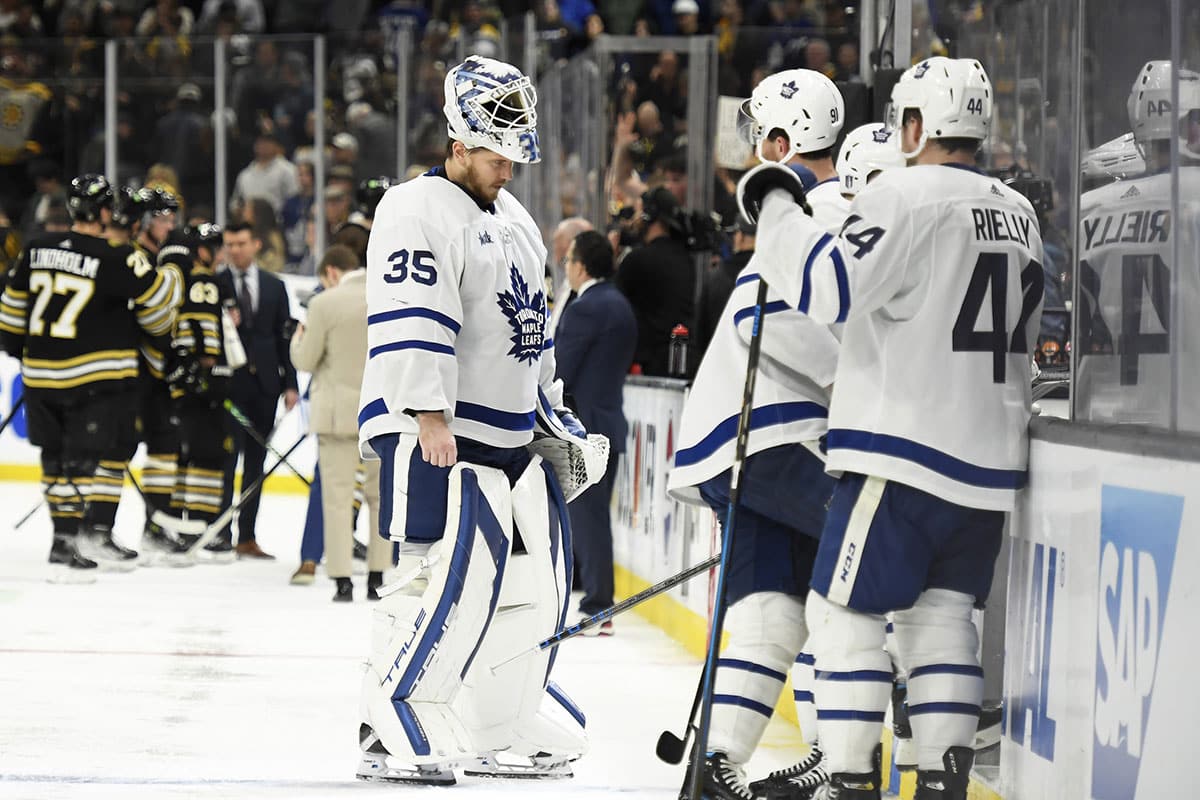 Toronto Maple Leafs goaltender Ilya Samsonov (35) skates off the ice after the Boston Bruins won in overtime in game seven of the first round of the 2024 Stanley Cup Playoffs at TD Garden.