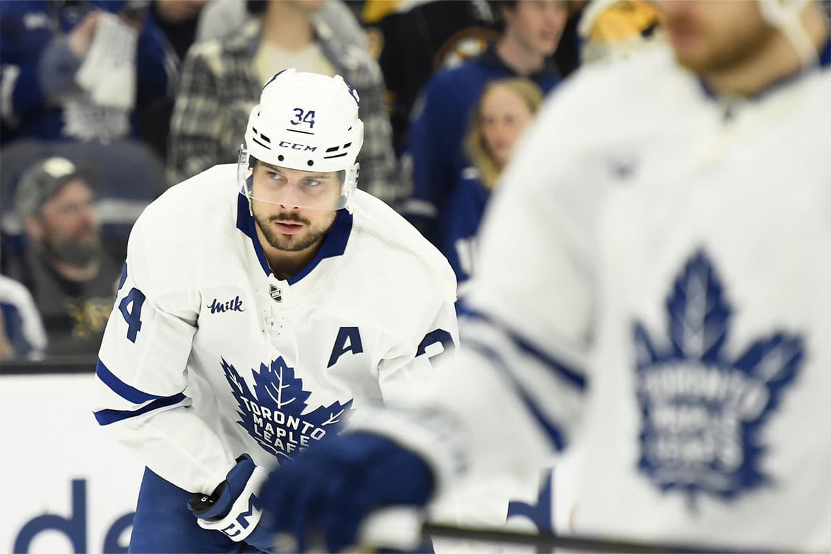 Toronto Maple Leafs center Auston Matthews (34) participates in warmups prior to game seven of the first round of the 2024 Stanley Cup Playoffs against the Boston Bruins at TD Garden.