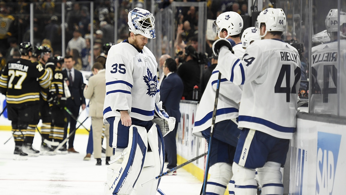 Toronto Maple Leafs goaltender Ilya Samsonov (35) skates off the ice after the Boston Bruins won in overtime in game seven of the first round of the 2024 Stanley Cup Playoffs