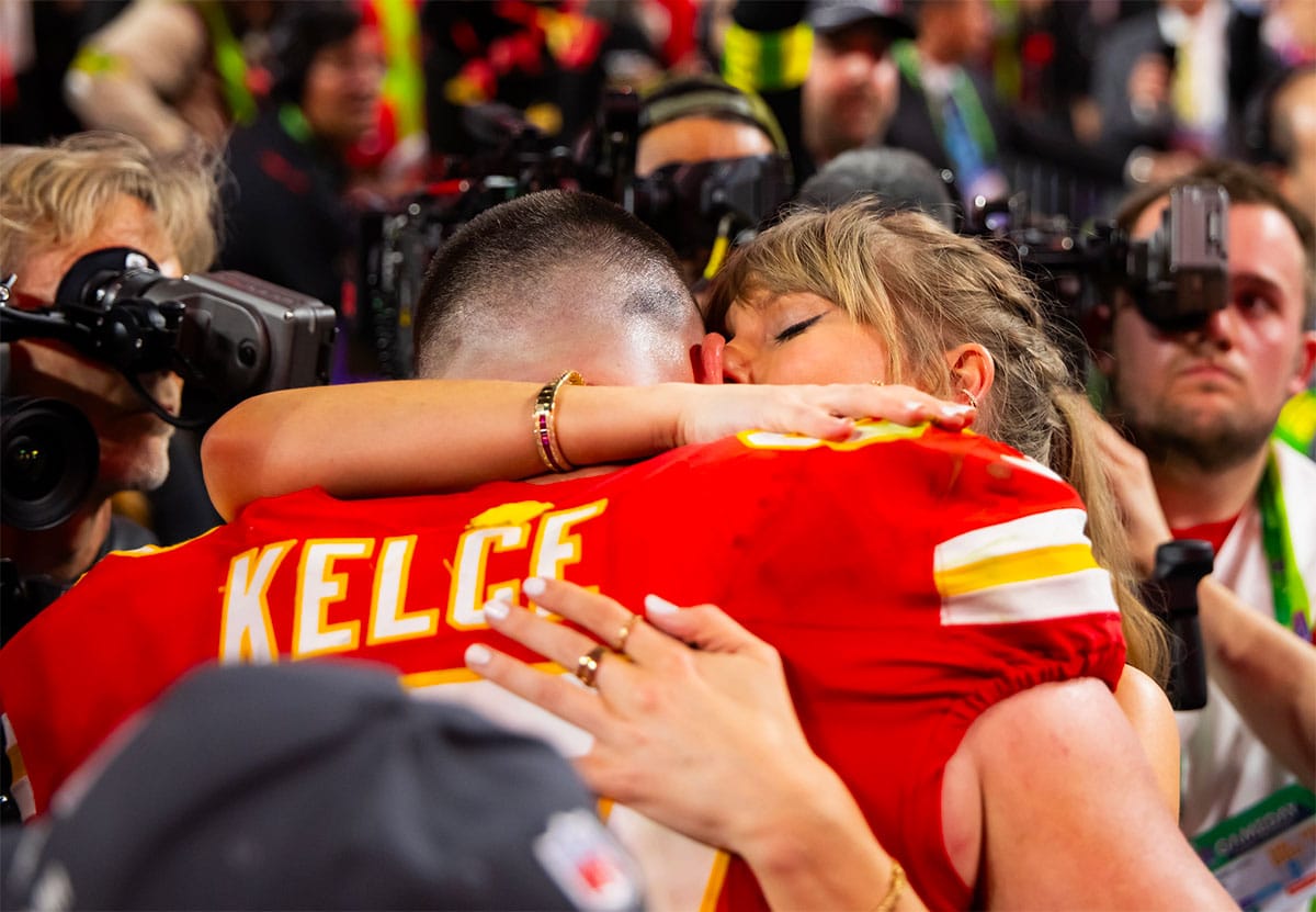 Travis Kelce, Taylor Swift embrace after Super Bowl LVIII.