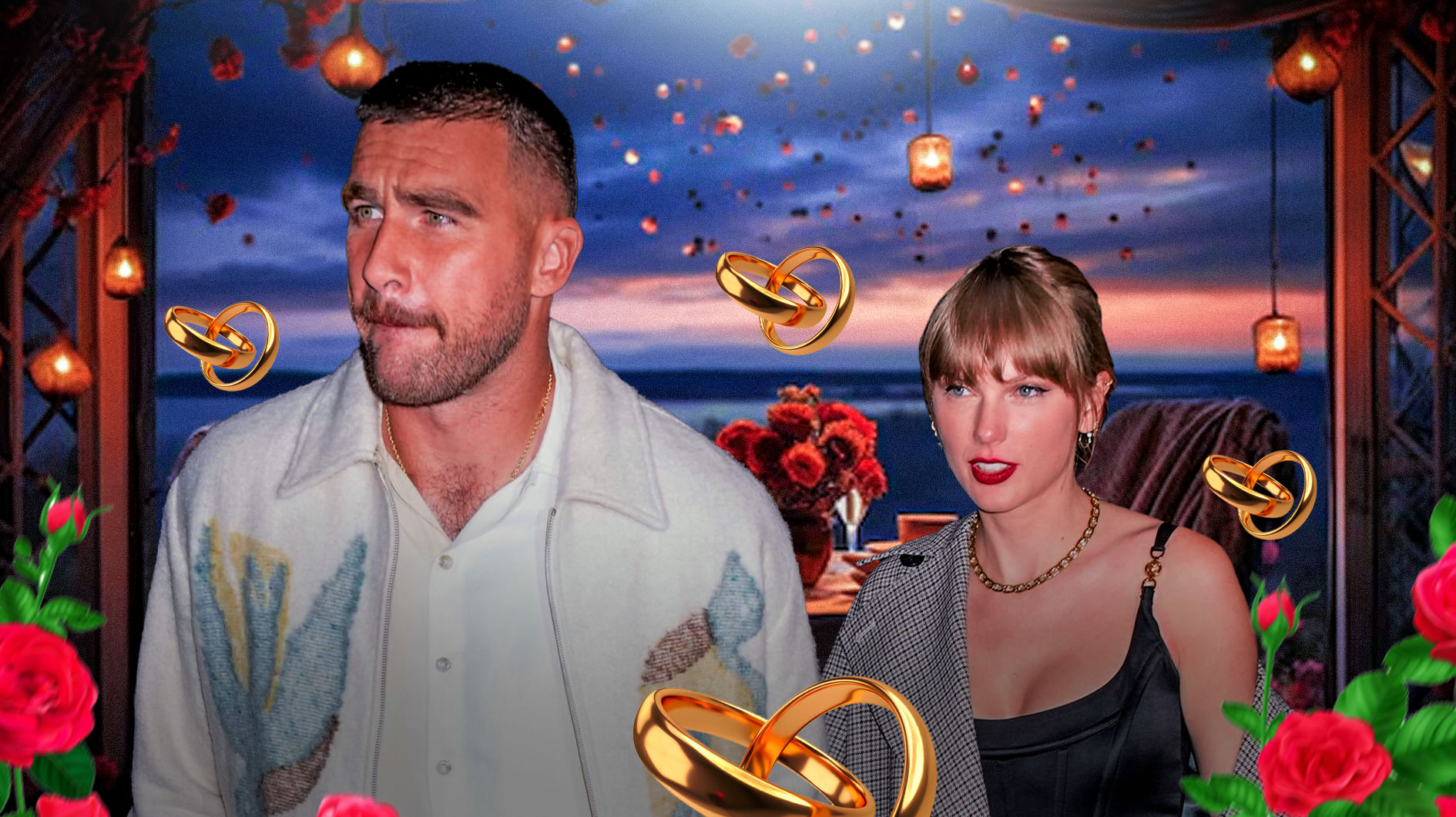 Travis Kelce and Taylor Swift with engagement rings surrounding them