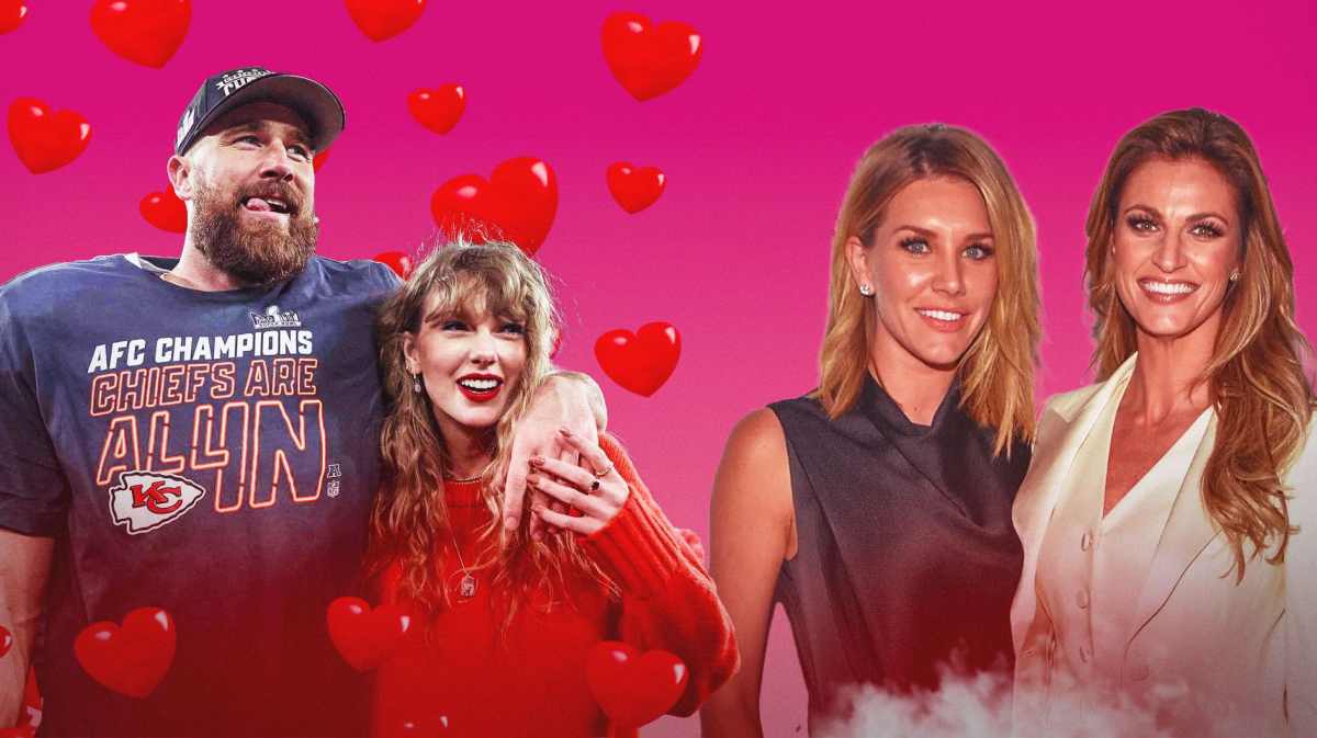 Travis Kelce and Taylor Swift with hearts and Erin Andrews and Charissa Thompson on the opposite side