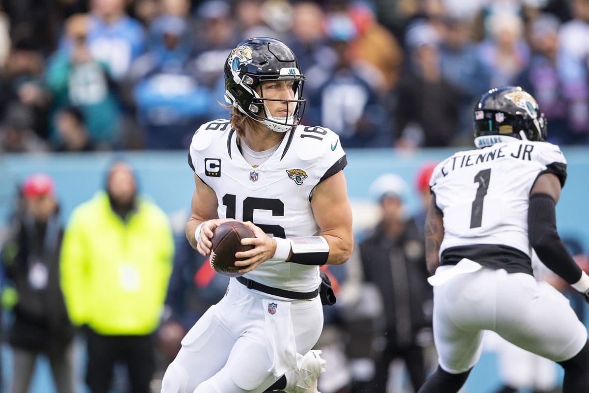 Jacksonville Jaguars quarterback Trevor Lawrence (16) stands in the pocket against the Tennessee Titans during the first half at Nissan Stadium.