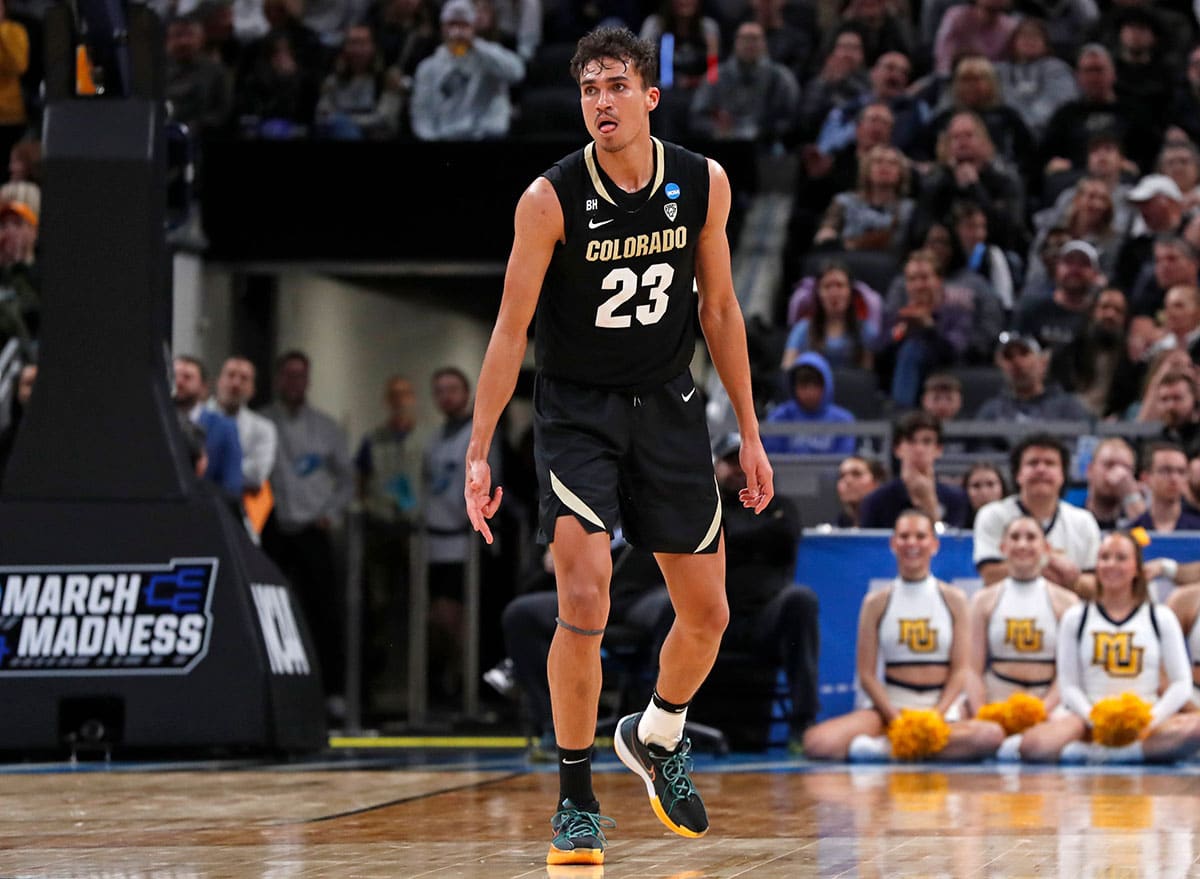 Colorado Buffaloes forward Tristan da Silva (23) reacts after scoring during NCAA Men’s Basketball Tournament game against the Marquette Golden Eagles, Sunday, March 24, 2024, at Gainbridge Fieldhouse in Indianapolis.