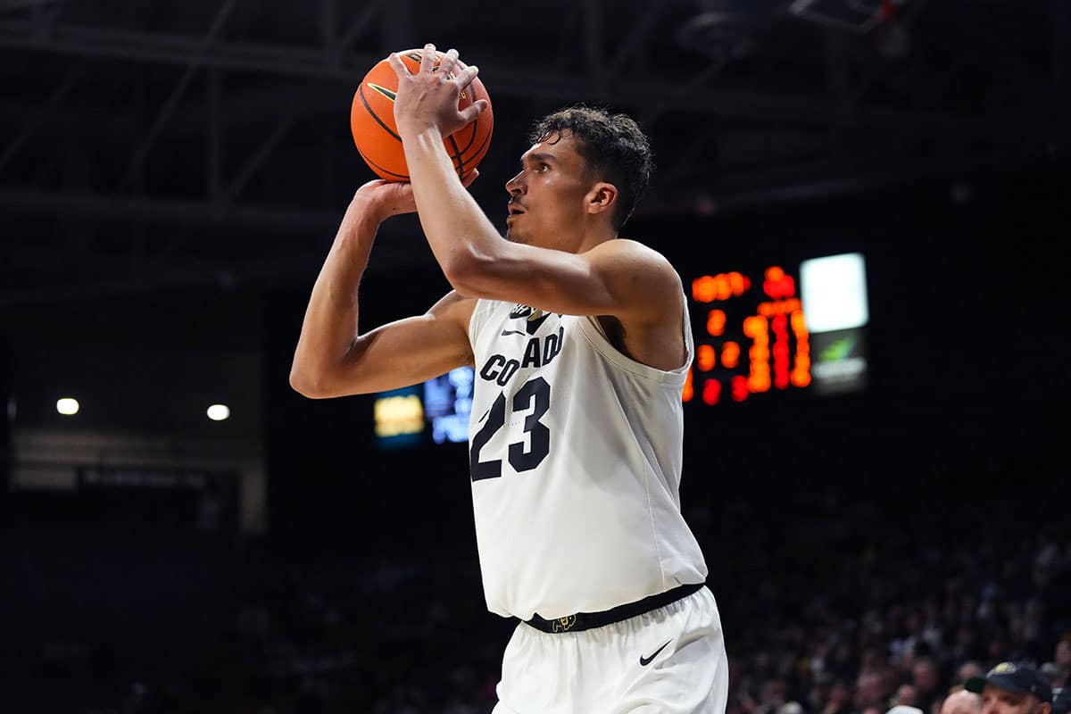 Colorado Buffaloes forward Tristan da Silva (23) lines up a basket in the second half against the California Golden Bears at the CU Events Center.