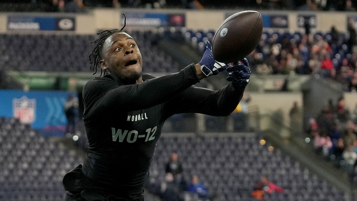 Tulane wide receiver Jha'Quan Jackson (WO12) during the 2024 NFL Combine at Lucas Oil Stadium.