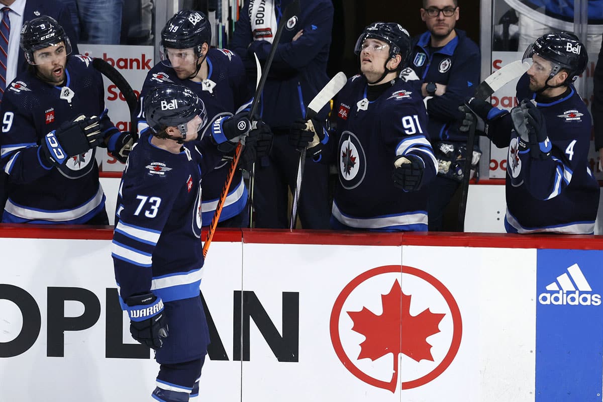 Winnipeg Jets center Tyler Toffoli (73) celebrates his third period goal against the Colorado Avalanche in game five of the first round of the 2024 Stanley Cup Playoffs at Canada Life Centre.