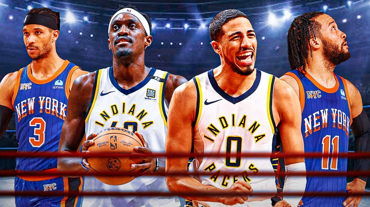 Four boxers in a boxing ring, Tyrese Haliburton and Pascal Siakam's faces over two boxers on one side, Jalen Brunson and Josh Hart's faces over two boxers on the other side