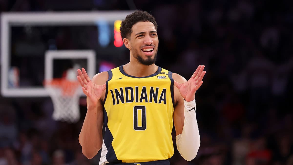 ndiana Pacers guard Tyrese Haliburton (0) reacts during the fourth quarter of game seven of the second round of the 2024 NBA playoffs against the New York Knicks at Madison Square Garden.