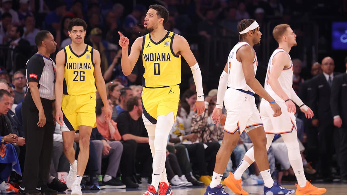 Indiana Pacers guard Tyrese Haliburton (0) reacts during the first quarter of game seven of the second round of the 2024 NBA playoffs against the New York Knicks at Madison Square Garden
