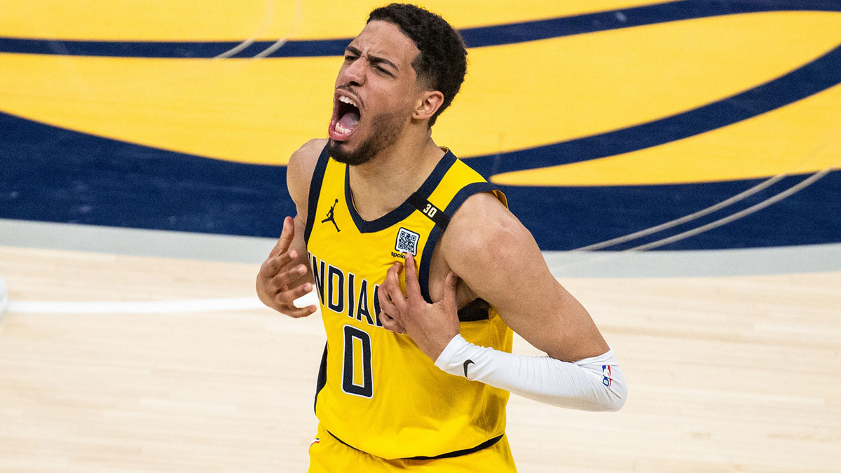 Indiana Pacers guard Tyrese Haliburton (0) celebrates a made basket during game four of the first round for the 2024 NBA playoffs against the Milwaukee Bucks at Gainbridge Fieldhouse.