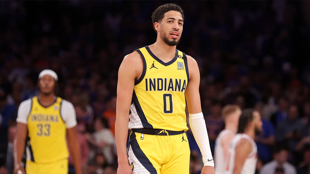 Indiana Pacers guard Tyrese Haliburton (0) reacts during the fourth quarter of game one of the second round of the 2024 NBA playoffs against the New York Knicks at Madison Square Garden